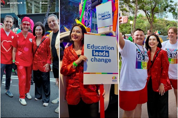 Education Minister Prue Car, centre, posed with Health Minister Ryan Park, NSW Health Secretary Susan Pearce, and NSW Education Secretary Murat Dizdar, left, and the Rainbow Labor float, right, before the parade.