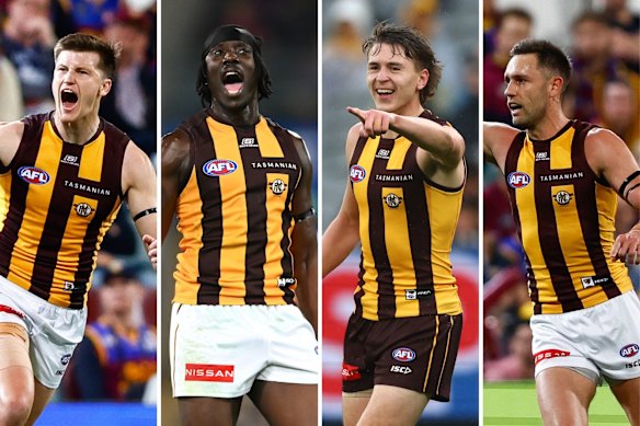 Tall targets (from left) Mitch Lewis, Mabior Chol, Calsher Dear and Jack Gunston have given Hawthorn’s forward line a point of difference.
