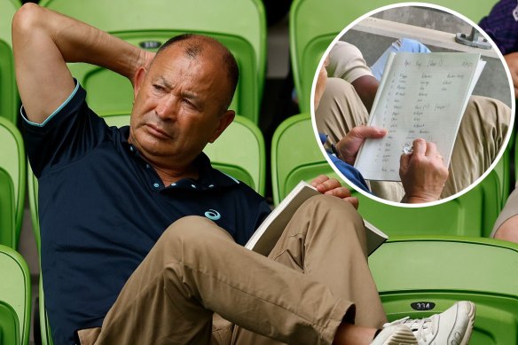 Eddie Jones with his notebook at AAMI Park on Sunday and, inset, the draft Wallabies camp list.