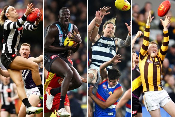 Intercept defenders (from left) Darcy Moore of Collingwood, Port’s Aliir Aliir, Geelong’s Tom Stewart and Hawthorn skipper James Sicily don’t get the recognition they deserve.