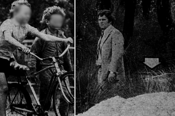 Two of the boys who found Gwenneth Graham’s body in Balga. Norm is not in frame. Right: A photo from the scene that appeared on the front page of the West Australian in October 1974. The arrow indicates the refrigerator. 