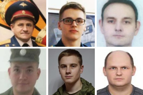 Some of the Russian agents named by the UK government, clockwise from top-left: Aleksandr Vladimirovich Osadchuk, Nikolay Aleksandrovich Korchagin, Yevgeniy Mikhaylovich Serebriakov, Yuriy Federovich Denisov, Vladislav Yevgenyevich Borovkov and Artem Valeryvich Ochichenko.  