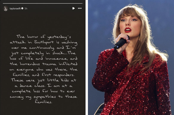 “These were just little kids at a dance class”: Taylor Swift posted a message on her Instagram in response to the Southport stabbing attack.