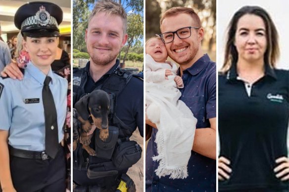 From left: Constables Rachel McCrow and Matthew Arnold, who were killed in the Wieambilla shooting, and constables Randall Kirk and Keely Brough, who survived the incident. 