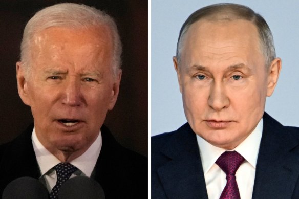 US President Joe Biden gives a speech in Warsaw, Poland, left, and Russian President Vladimir Putin holds a national address in Moscow.