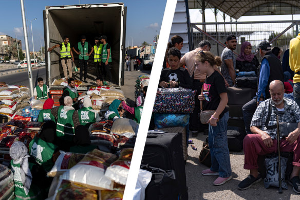 A convoy of trucks carrying aid are on the Egyptian side of the Rafah border crossing, while Palestinians wait on the Gaza side to get out.