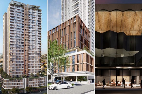 The CFMEU has plans for a 34-storey residential tower (left), a 7-storey office building (centre), and a theatre and conference centre (right) at Bowen Hills.