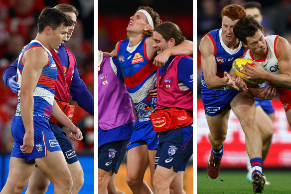 The Bulldogs’ 14-point loss to premiership favourites Sydney was compounded by injuries to Anthony Scott, Aaron Naughton and Ed Richards.