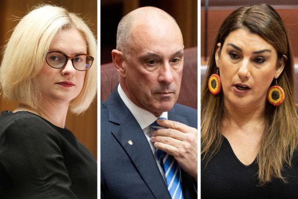 Senator David Van (centre) is on leave after his former Liberal colleague Amanda Stoker (left) and crossbench senator Lidia Thorpe accused him of sexual harassment.