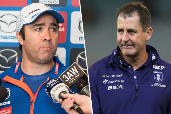 Current senior coaches Brad Scott and Ross Lyon during their previous stints as AFL coaches.