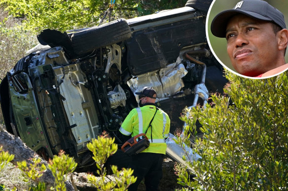 Tiger Woods and the scene of his rollover car crash in Los Angeles.