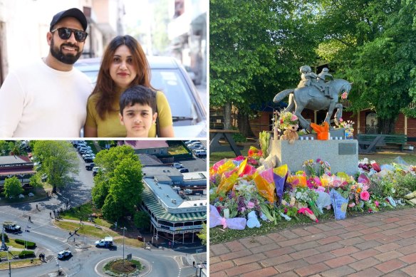 The Bhatia family; Floral tributes at a sculpture near the crash site; and an aerial view of the crash site.