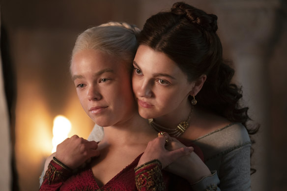 Milly Alcock as Rhaenyra in House of the Dragon, with Emily Carey as young Alicent.