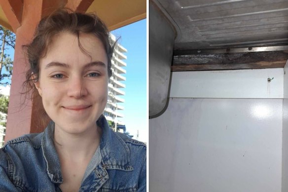 Emmeline and her husband were sick for months in a West Ryde apartment riddled with hidden mould, which grew under the floorboards and sink (pictured).