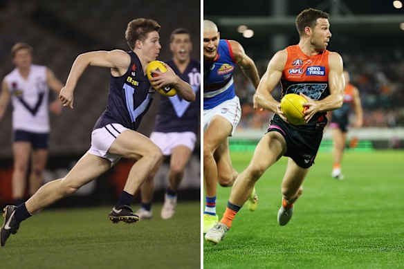 Toby Greene dashing forward for Vic Metro in 2011 and leading the Giants from the front in 2025.