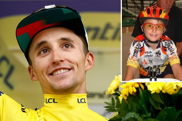 Jai Hindley in the yellow jersey after winning stage five of the Tour de France, and (inset) as a young, ambitious rider.