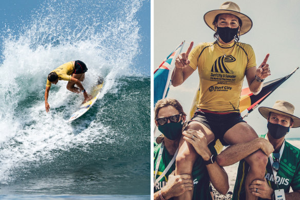 Sally Fitzgibbons celebrates after winning the 2021 Women’s International Surfing Association (ISA) World Surfing Games Gold Medal in El Salvador.