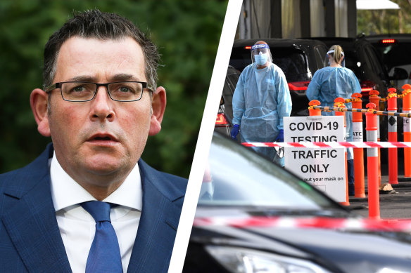 Premier Daniel Andrews and, right, a COVID-19 testing site in Melbourne’s south-east.