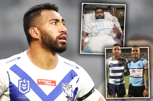 Tuipulotu Katoa, brother of Sharks star Sione (inset), went to hospital with a staph infection, but tests revealed he also had a serious heart problem and a brain aneurysm. 