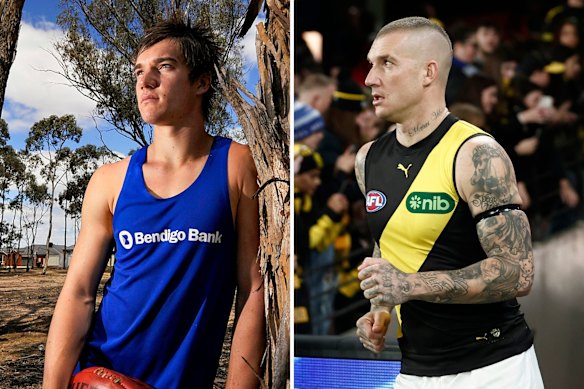 Dustin Martin before he was picked up at the 2009 draft by Richmond and in 2024 when he played his 302nd and final game for the Tigers.