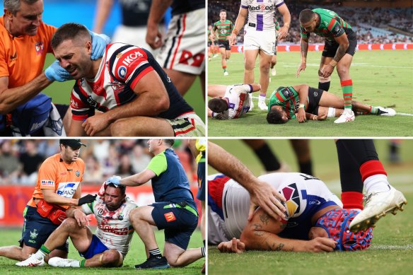 Players who suffered a concussion in the last NRL season: (Clockwise from top left) James Tedesco, Alex Johnston, Kalyn Ponga and Jordan Rapana.