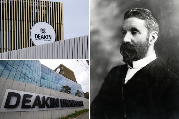 Signs at Deakin University’s Burwood campus on Friday and (right) a photo of former prime minister Alfred Deakin.