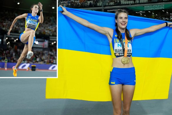 Proud Ukrainian Yaroslava Mahuchikh on her way to a gold medal (inset) and with it draped around her neck.