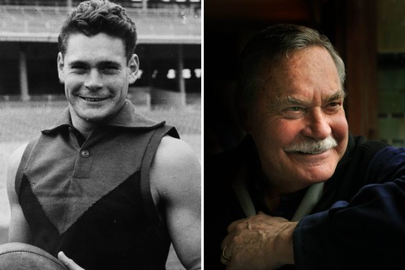 Ron Barassi as a young man and posing for a portrait in 2010.