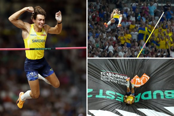 Gold medallist Armand Duplantis clears the pole vault bar in Budapest.