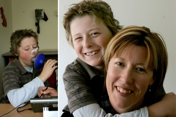 Champion jockey Harry Coffey, who has cystic fibrosis, photographed as a child in 2008 getting treatment and with his mum Maree.