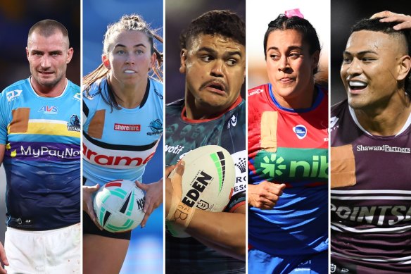 NRL and NRLW players (l-r): Kieran Foran, Quincy Dodd, Latrell Mitchell, Yasmin Clydsdale and Haumole Olakau’atu covering the NRL logo in protest over the collective bargaining agreement talks.