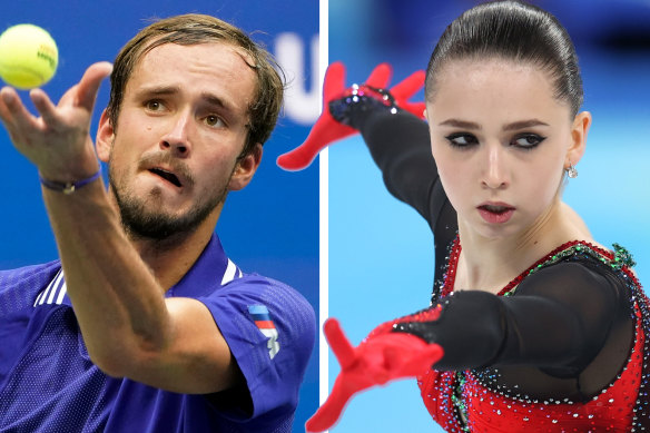 Russian athletes Daniil Medvedev and Kamila Valieva. 