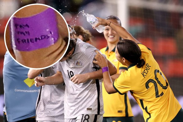 Sam Kerr wore a purple wristband last week against Jamiaca, scrawled with the message: ‘Pay my friends!’