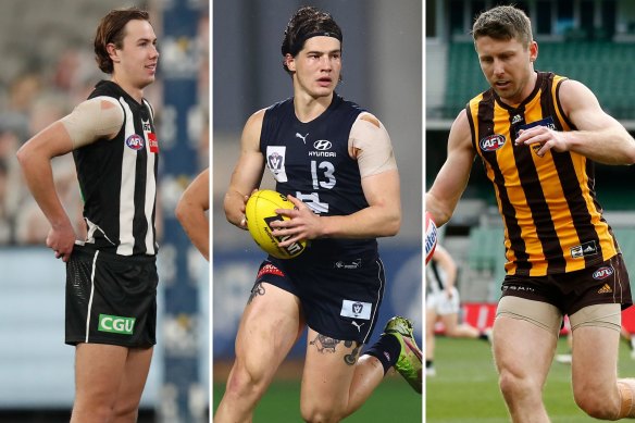 From left: Tyler Brown, Liam Stocker and Liam Shiels. All were supplementary signings for AFL clubs ahead of the 2023 season.