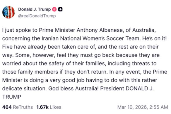 Donald Trump’s Truth Social post after speaking with Prime Minister Anthony Albanese.