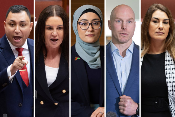 United … for now: Crossbench senators (from left) Ralph Babet, Jacqui Lambie, Fatima Payman, David Pocock and Lidia Thorpe.