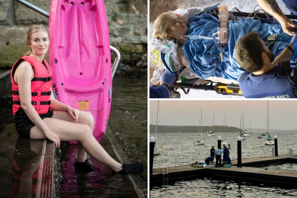 Shark attack victim Lauren O’Neill is treated by paramedics after being bitten at Elizabeth Bay, and (left) with her kayak near the scene of the attack.