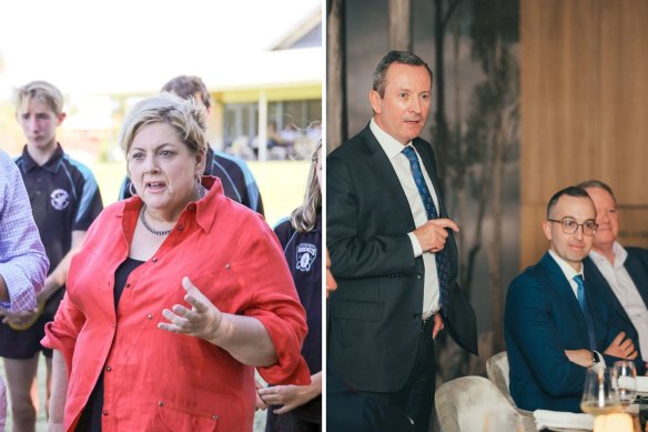 Margaret Quirk (left); and her tipped successor, Daniel Pastorelli (seated), at a dinner alongside former Premier Mark McGowan in 2023 (right). 