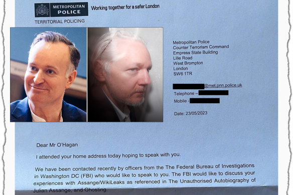 The letter showing FBI agents wanted to interview novelist Andrew O’Hagan about Julian Assange. 