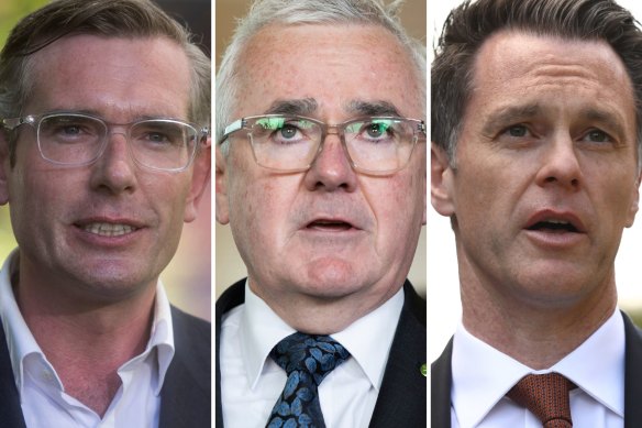 NSW Premier Dominic Perrottet, independent federal MP Andrew Wilkie and NSW Opposition Leader Chris Minns.