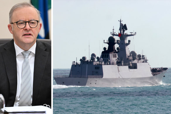 Australian Prime Minister Anthony Albanese and a Chinese frigate.