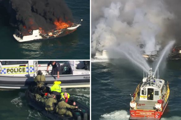 Firefighters battle the boat fire in Port Phillip Bay on May 24. Bottom left: Army personnel rescue the two men.