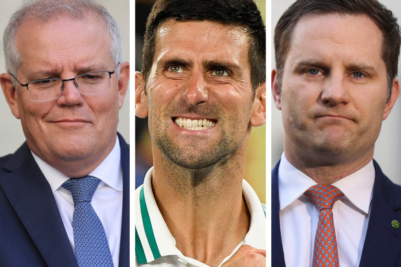 Prime Minister Scott Morrison, left, will face criticism whichever way the decision over Novak Djokovic, centre, goes. Immigration Minister Alex Hawke, right, will make the final call.