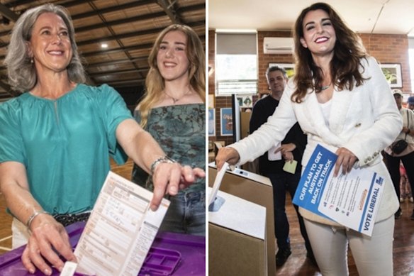 Teal independent Nicolette Boele (left) and Liberal challenger Gisele Kapterian cast their votes on Saturday.