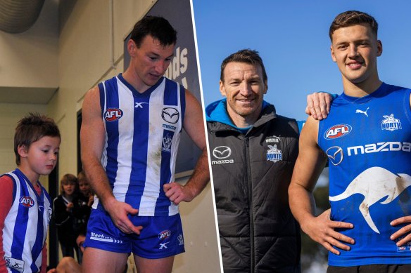 Brent Harvey with his son Cooper in the North Melbourne rooms in 2010 (left) and (right) this season as Cooper made his mark in the AFL.