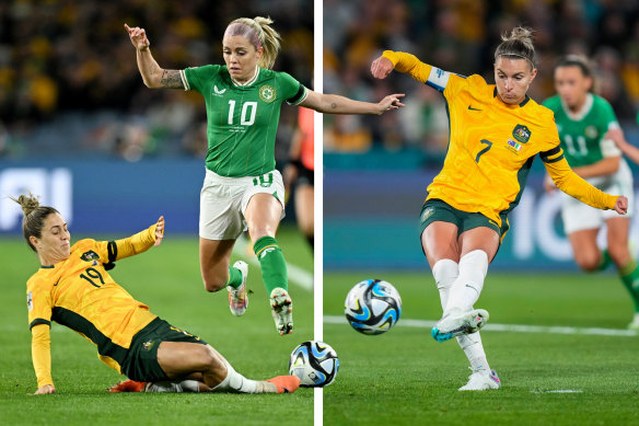 Matildas in action: Katrina Gorry and Steph Catley.