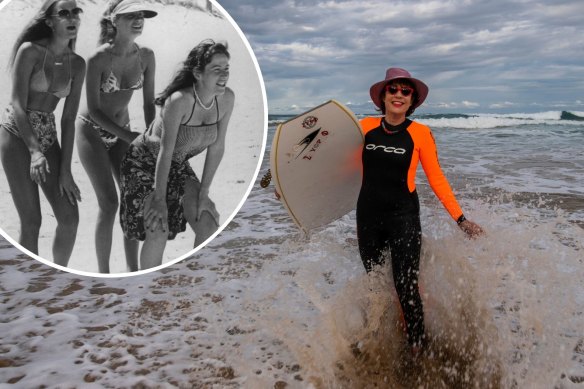 Author Kathy Lette, at Elouera Beach, Cronulla, and a scene from the film Puberty Blues.  