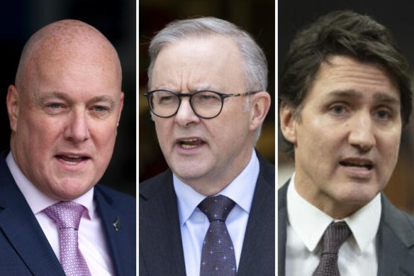 New Zealand Prime Minister Christopher Luxon, Australian Prime Minister Anthony Albanese and Canadian Prime Minister Justin Trudeau.