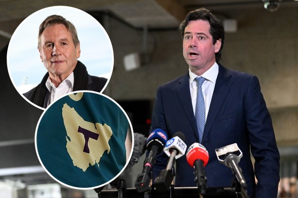 Collingwood president Jeff Browne (inset circle), departing AFL CEO Gillon McLachlan, and the bid for a Tasmania AFL team.