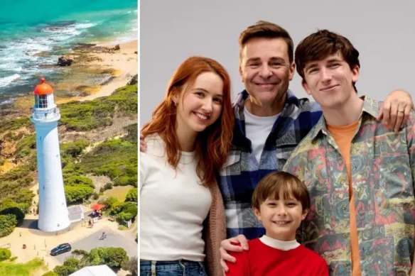 Left: The TV show’s famous lighthouse. Right: The cast of the  Queensland Theatre production: Charly Oakley (Linda Twist), Matt Hetherington (Tony Twist), Luke Sero (Bronson Twist) and Hanlon Innocent (Pete Twist).